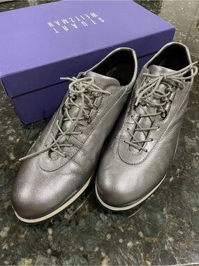 Stuart Weitzman Relay Lace-Up Sneakers Bullet Calcite Nappa Metallic Leather